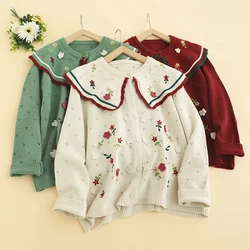 Autumn New Sweet Mori Style Embroidered Knitted Sweater Women Long Sleeve Single Breasted Sweater D197