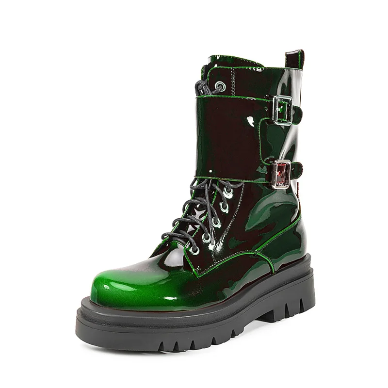 

YMECHIC Motorcycle Ankle Booties Ladies's Lace Up Chunky Heel Platform Round Toe Boots Patent Leather Buckle Zipper Women Shoes