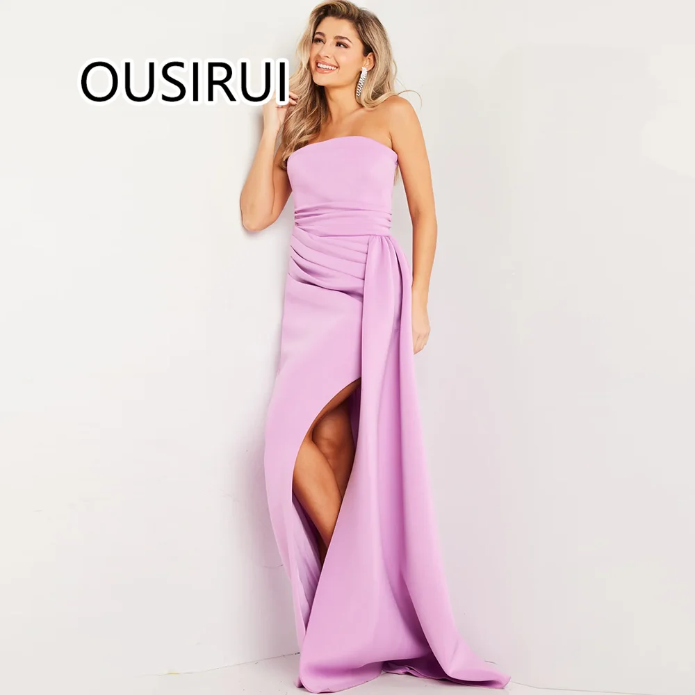 

Custom Made Modest Boat Collar Satin Pleated Sheath Evening Prom Gown Side Slit Backless Court Bridesmaid Evening Dress