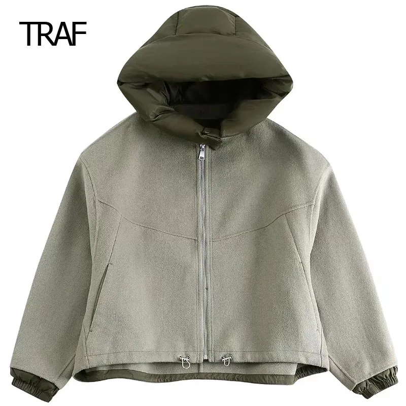 

TRAF Cropped Patchwork Jacket Women's Bomber Coat Autumn Winter Long Sleeve Removable Women's Hood Top Elegant Fashion Jackets