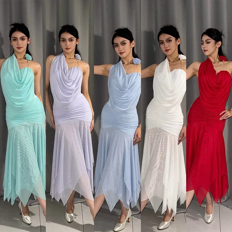 

Ballroom Dance Dress Women Performance Costume Prom Waltz Dance Clothing One-Shoulder Tops Mesh Skirt Competition Dress DNV24581