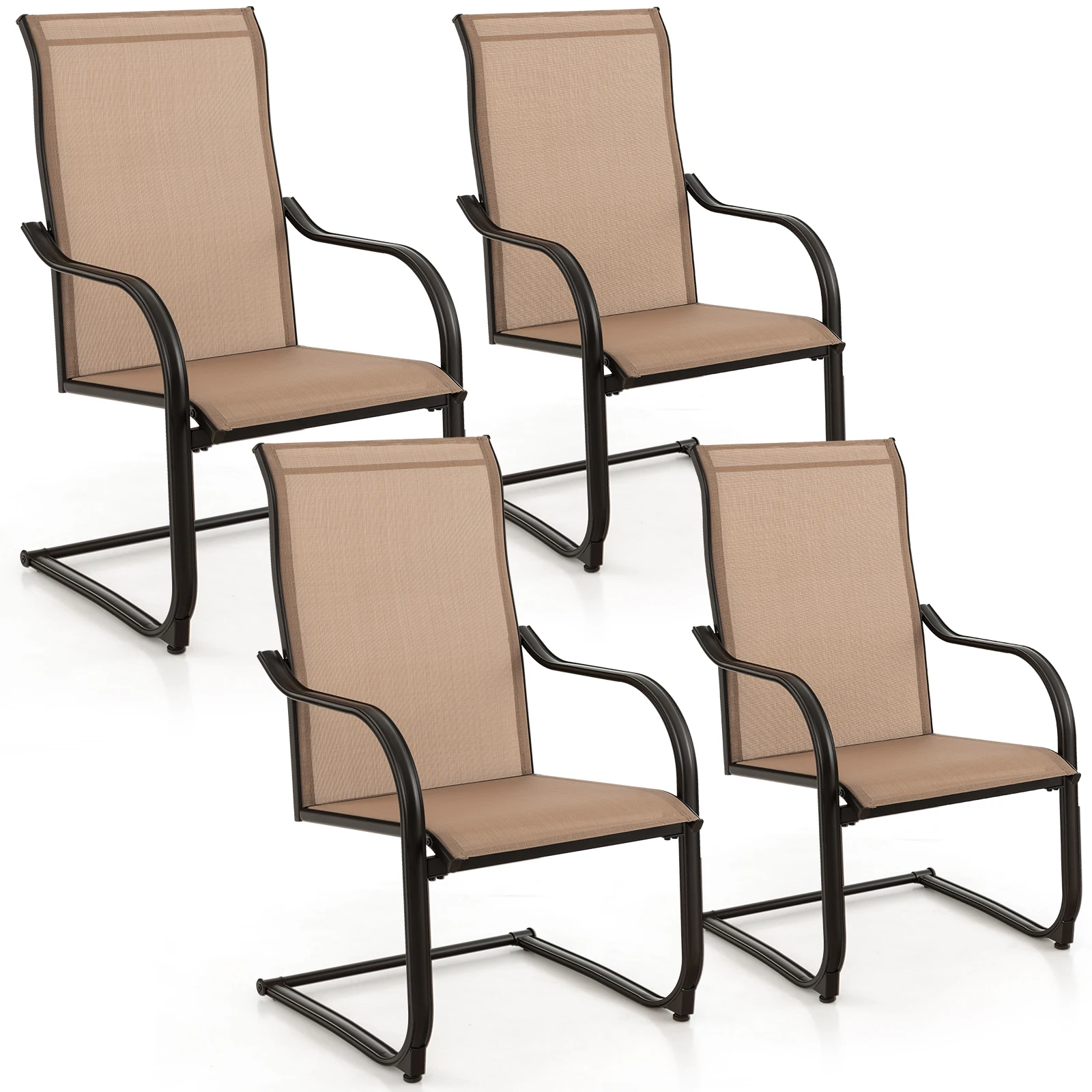 4pcs C-Spring Motion Patio Dining Chairs All Weather Heavy Duty Outdoor Brown