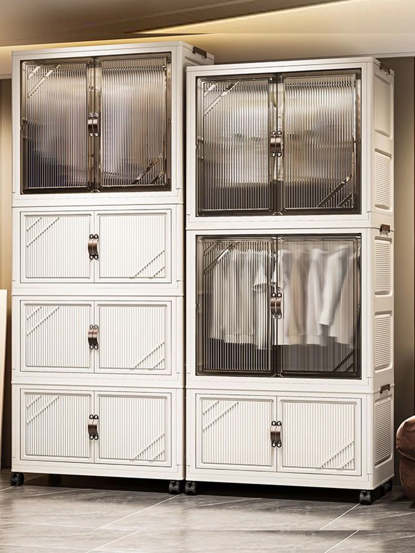 A multi layered closet a multifunctional box for storage an open door and an easy to assemble transparent plastic storage