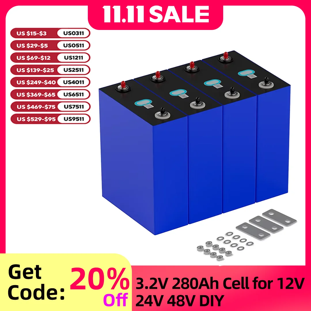3.2V 280Ah Cell  LifePo4 Grade A  DIY12V 24V 48V Rechargeable Battery for Solar Home Energy Storage RV