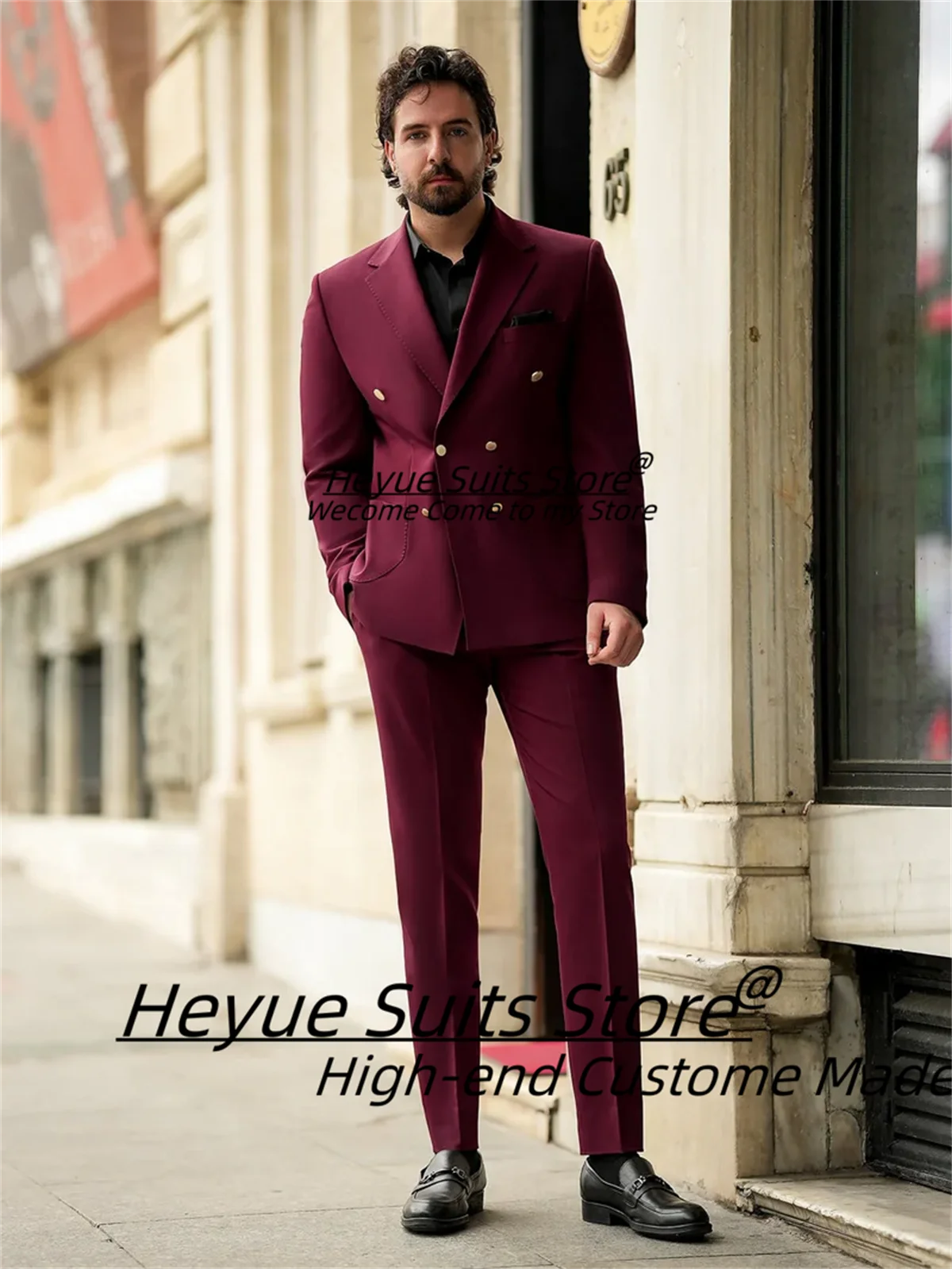 

Fashion Wine Red Men Suits Slim Fit Double Breasted Groom Tuxedos Party 2 Pieces Sets Handsome Male Blazers trajes para hombre