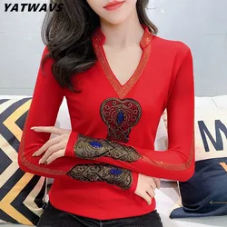 High Quality Autumn Fashion Women V-Neck Luxury Golden Hot Diamonds T-Shirt Sexy Long Sleeve Tops New Streetwear Girl Brand Tees