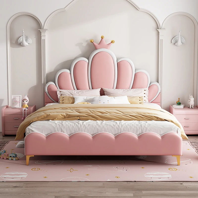 Set Home Use pink Flower Model Princess Bed Upholstered Leather Children's Bed for Girl Fancy Modern Children's Bed with Storage