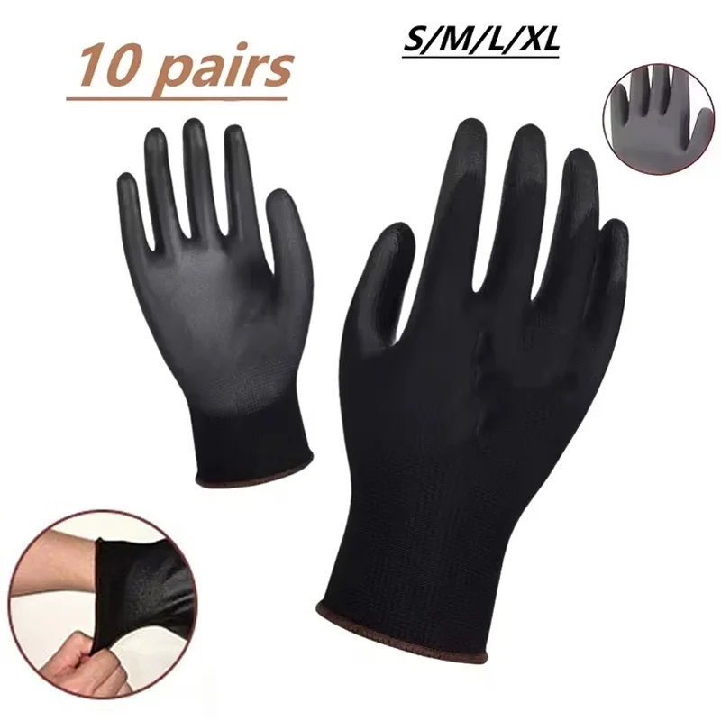 10 Pair Black Coating Gloves Nylon PU Gloves Woodworking Horticulture Automobile Maintenance Anti Slip and Dustproof Daily Use