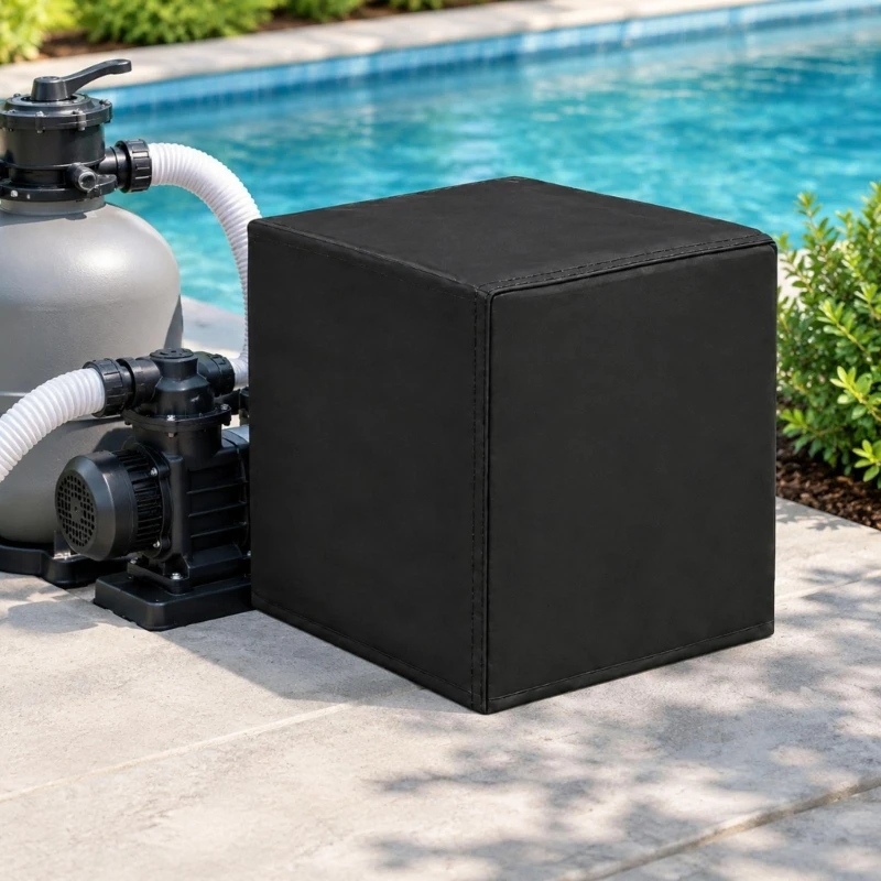 Fabric Pool Filter Pump Cover with a Fastened Opening for Installation Around Attached Hoses, a Tightening Lower Cord, and B03E