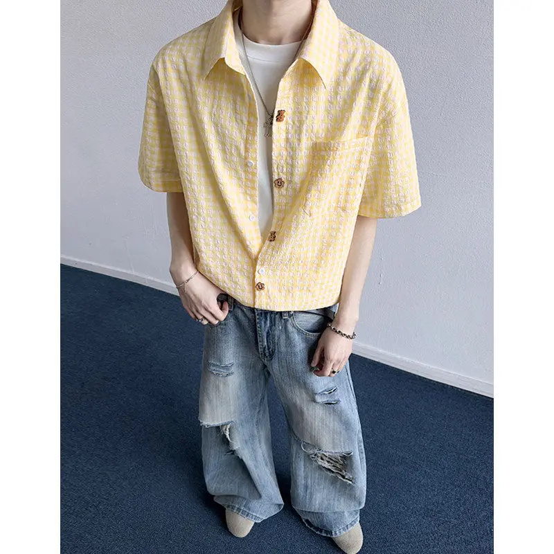 

Американская ретро-серия Sweet Salt Milk: Синяя клетчатая рубашка с коротким рукавом, свободного кроя, для пар, повседневная, из смесового полиэстера и хлопка.