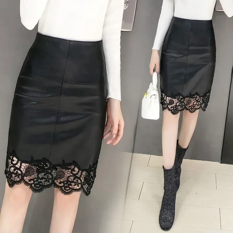 Autumn Winter Fashion Lace Patchwork Solid Color High Waist A-line Skirt Ladies Fashionable Black Net Yarn Irregular Slim Skirts