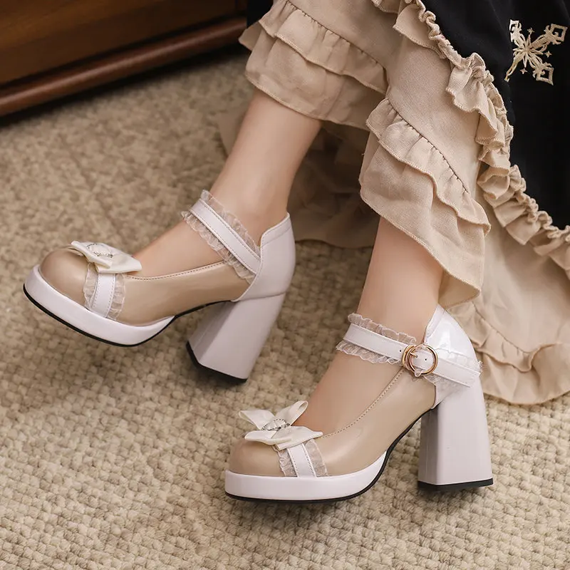 REAVE CAT Sweet Lolita Girls Pumps Round Toe Block Heels 9.5cm Platform Buckle Strap Bowknot 42 43 Pink Women Shoes Mixed Color