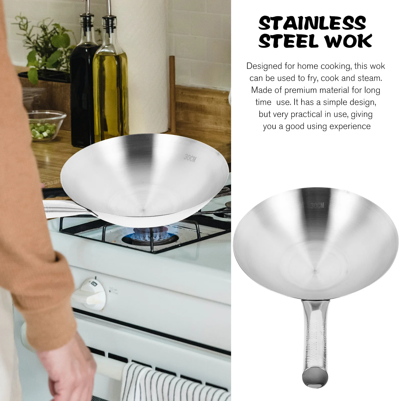 

Stainless Steel Wok Pan Heavy Duty Chinese Wok For Gas Electric Stove Induction Cooker Easy Clean Rapid Heat Conduction