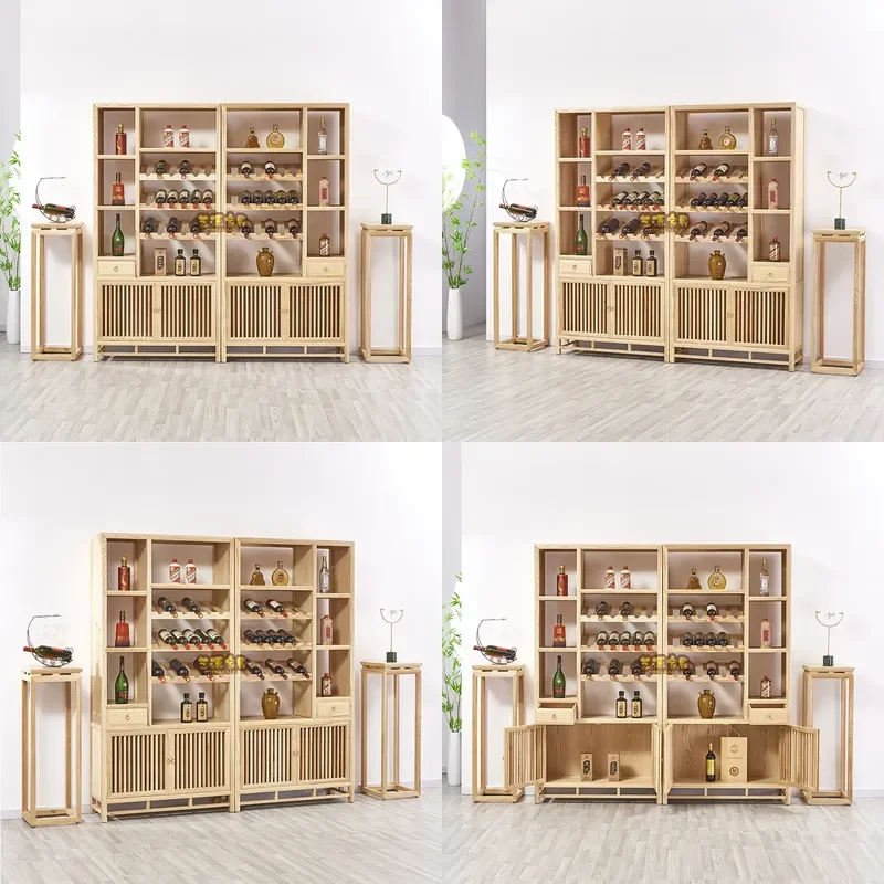 Modern Ash Wood Wine Cabinet Solid Wood Wall Mounted Storage Rack with Glass Holder Simple Partition Shelf for Home Bar Decor