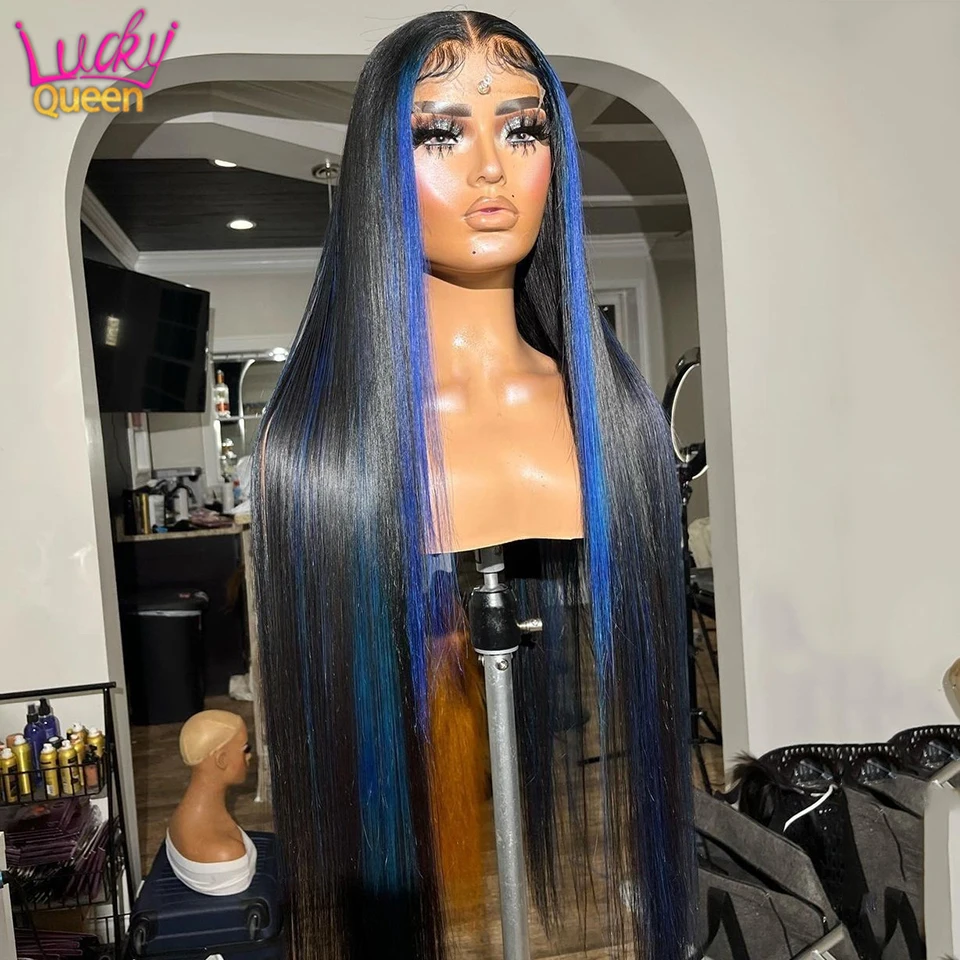 

Highlight Lace Front Wigs Human Hair Pre Plucked Straight Blue Stripe Color 180% Density 13X4 Lace Frontal Wigs For Black Women