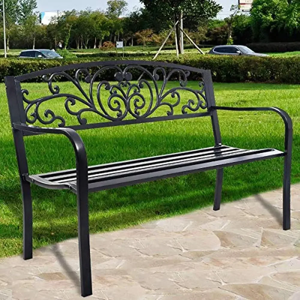 Outdoor Patio Bench Park Garden Furniture Decorative Cast Iron Backrest Antique Style Charming Design Seat Height 33.5