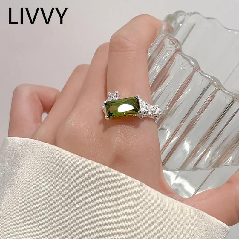 

LIVVY Silver Color Fashion Rectangle Zircon Luxury Adjustable Rings For Women Anniversary Engagement Jewelry Gift