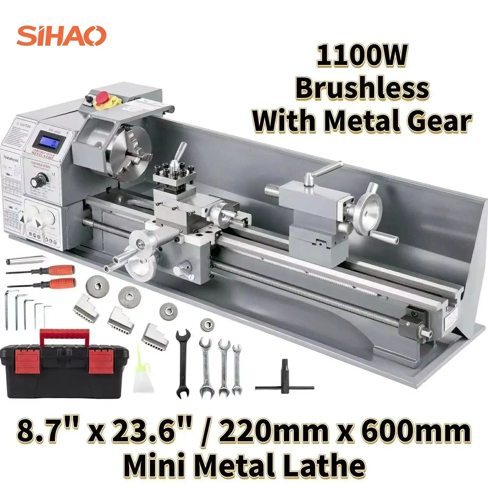Drehmaschine | Sihao Drehmaschine Metall 1100W Bürstenloser Motor 38mm Spindel 220X600 Mini-Drehmaschine LED-Bildschirmanzeige Drehbank