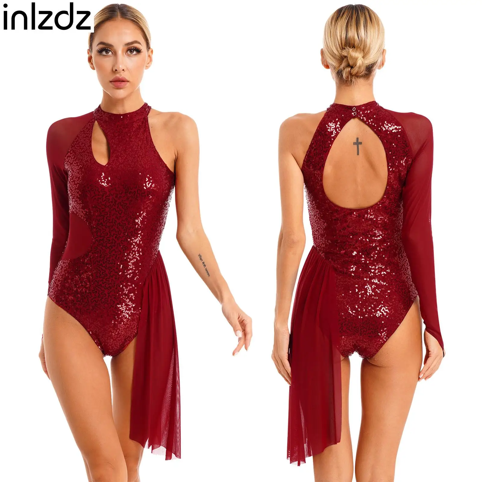 Womens Figure Skating Ballet Dance Dress Glitter Sequins Leotard One Shoulder Sheer Mesh Long Sleeve Halter Dancewear Dresses