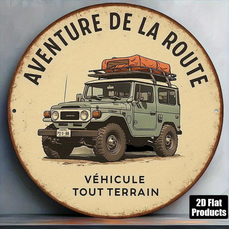 Plaque murale ronde en aluminium sur le thème de l'aventure, véhicule tout-terrain et camping-car vintage, « Aventure » en français pour cabane, garage, camping