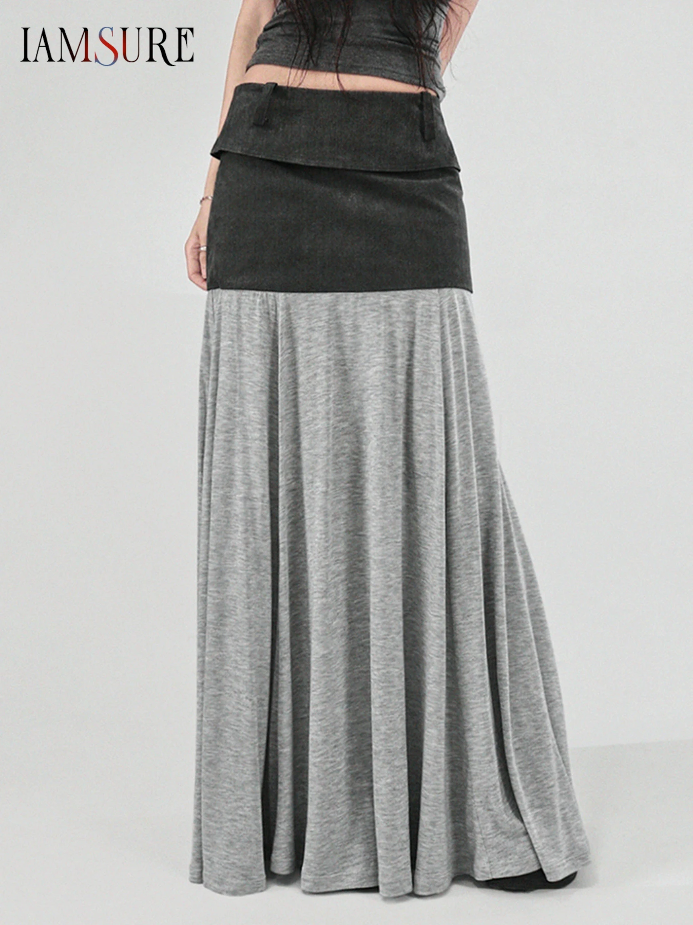 

IAMSURE Casual Basic Contrast Patchwork Skirts Elegant Fashion Slim Folds Low-Waisted Maxi Skirts Women 2025 Streetwear Ladies