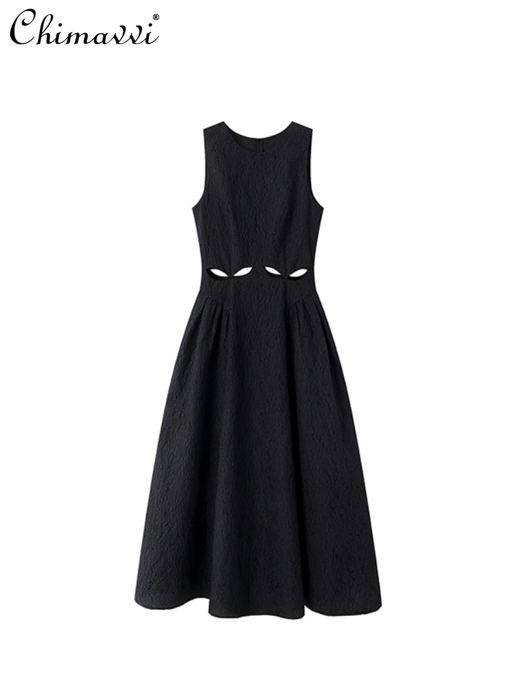 

French Simple Commuter round Neck Sleeveless Vest Dress Elegant Retro Cutout High Waist Slim Fit A-line Long Dress Women Summer