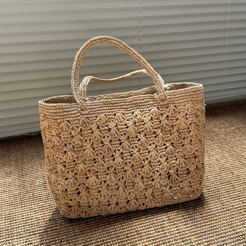 New Style Bohemian Lafite Handwoven Straw Bag Single Shoulder Holiday Beach Vacation Tote Bag Women's Artistic Floral Hook Bag