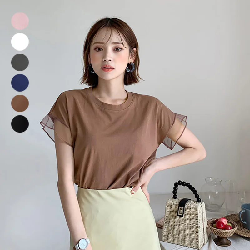

Lotte Summer New Women's 6-color Mesh Ruffle Sleeve Round Neck Solid Color T-shirt Patchwork Women's Top