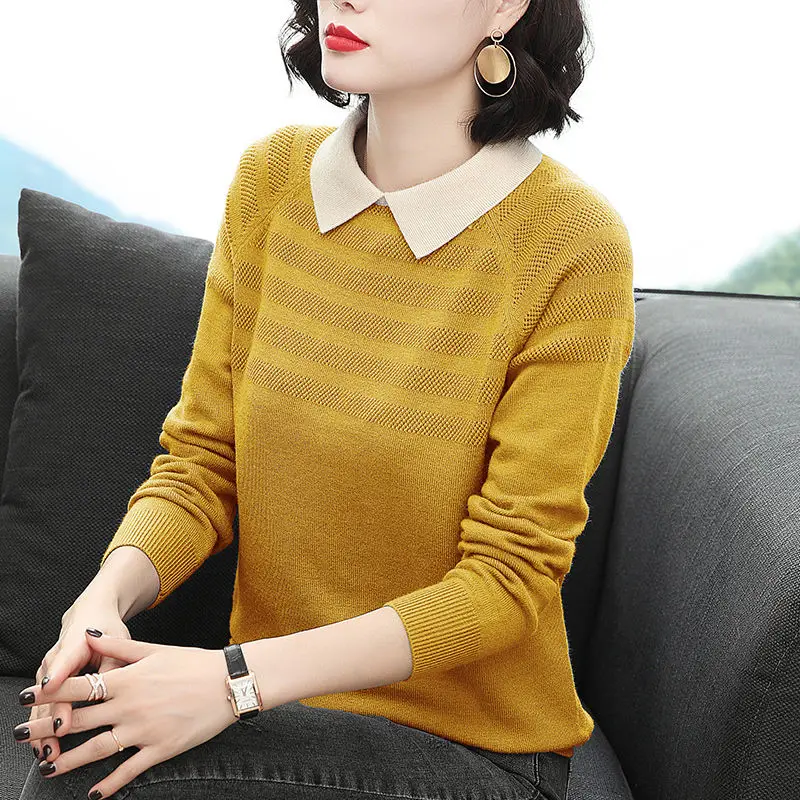 Fashion Lapel Knitted Spliced Loose Korean Sweaters Women's Clothing 2022 Autumn New Oversized Casual Pullovers Commute Tops