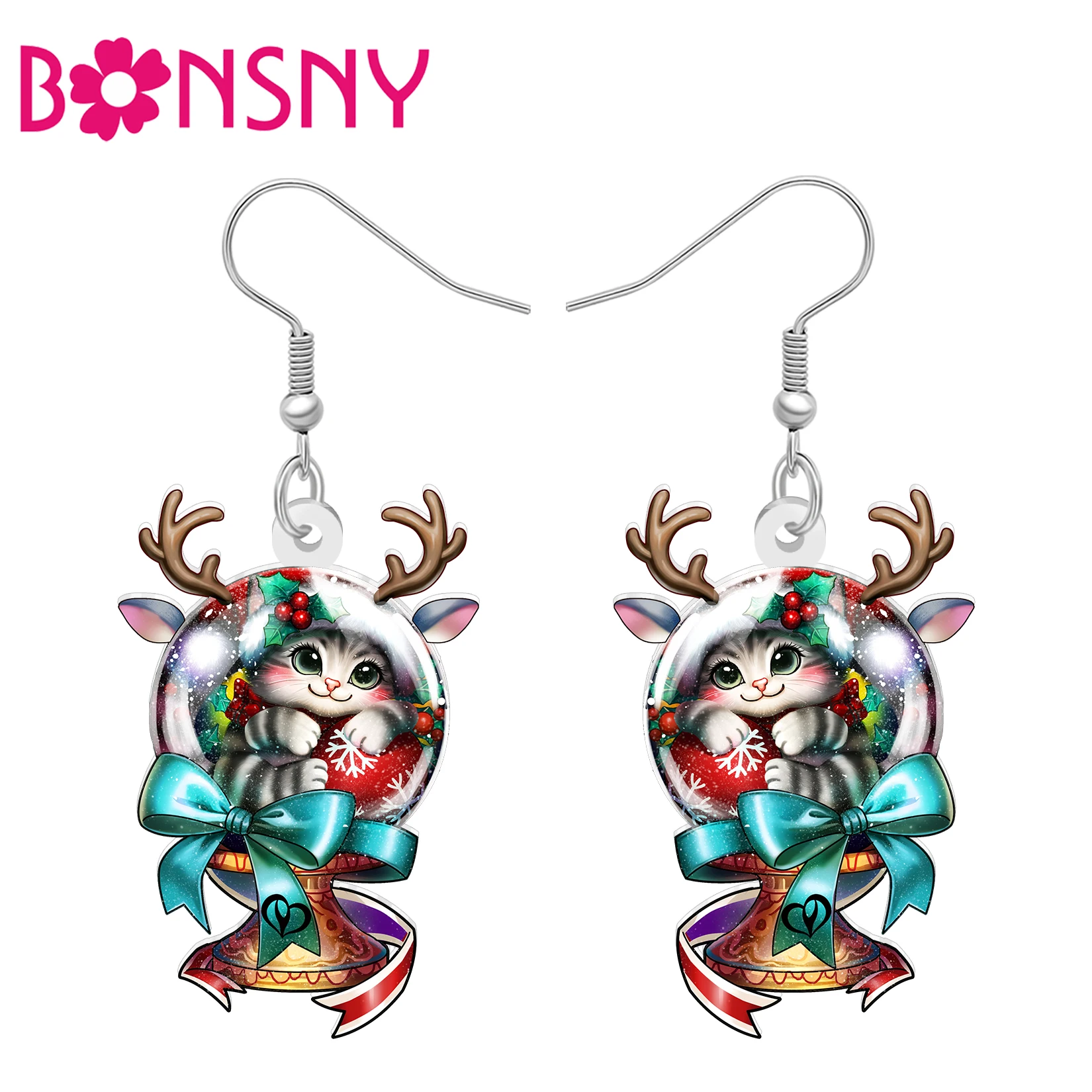 BONSNY Acrylic Christmas Snow Globe Earrings Cartoon Antler Cat Crystal Ball Dangle Animals Jewelry Xmas Gifts For Women Girls