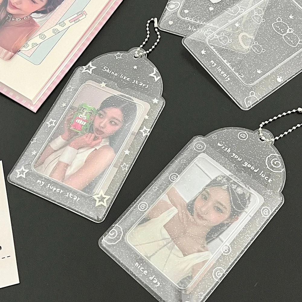 Glittery 3 inch Photocard Holder Transparent Korea Idol Photo Card Holder Cute Heart Star Pattern Clear Card Display Bag Pendant