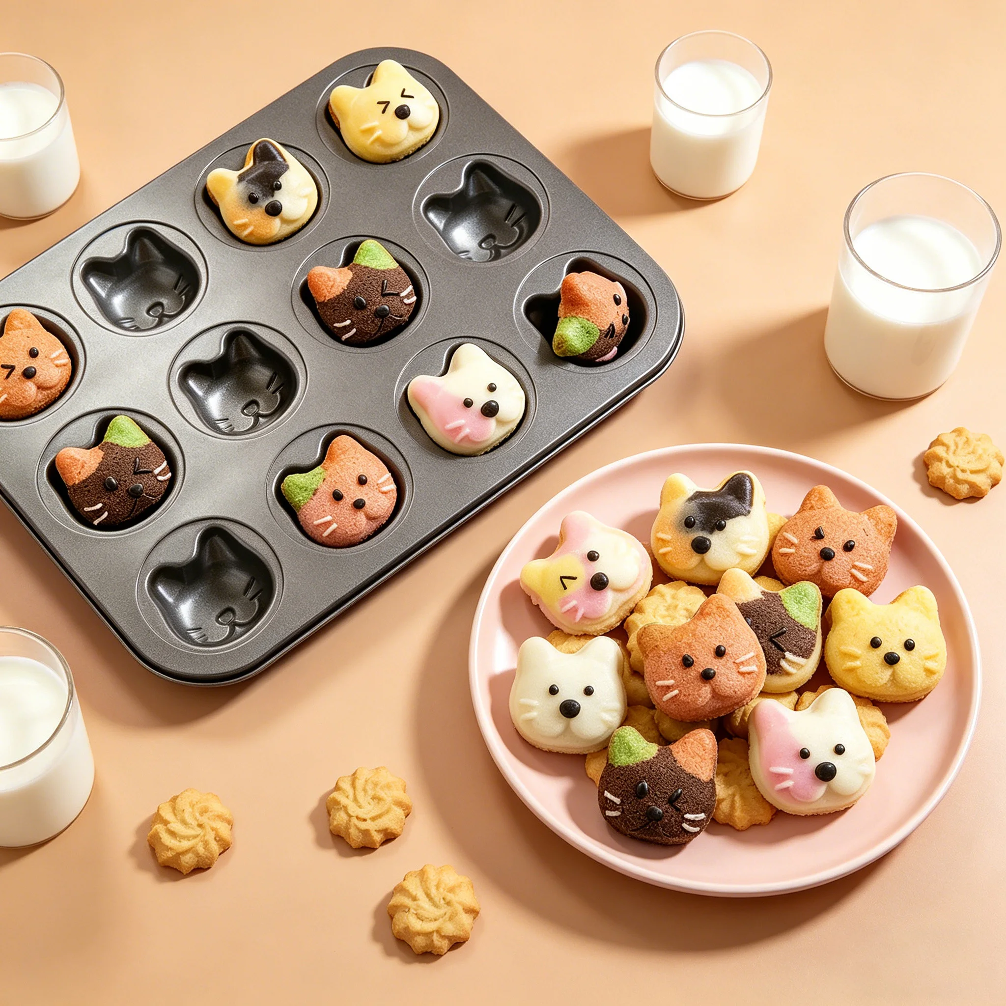12-Cavity Mini Cat Shape Carbon Steel Baking Pan Madeleine Muffin Cake Mold for Bread Dessert Pastry DIY Kitchen Accessory