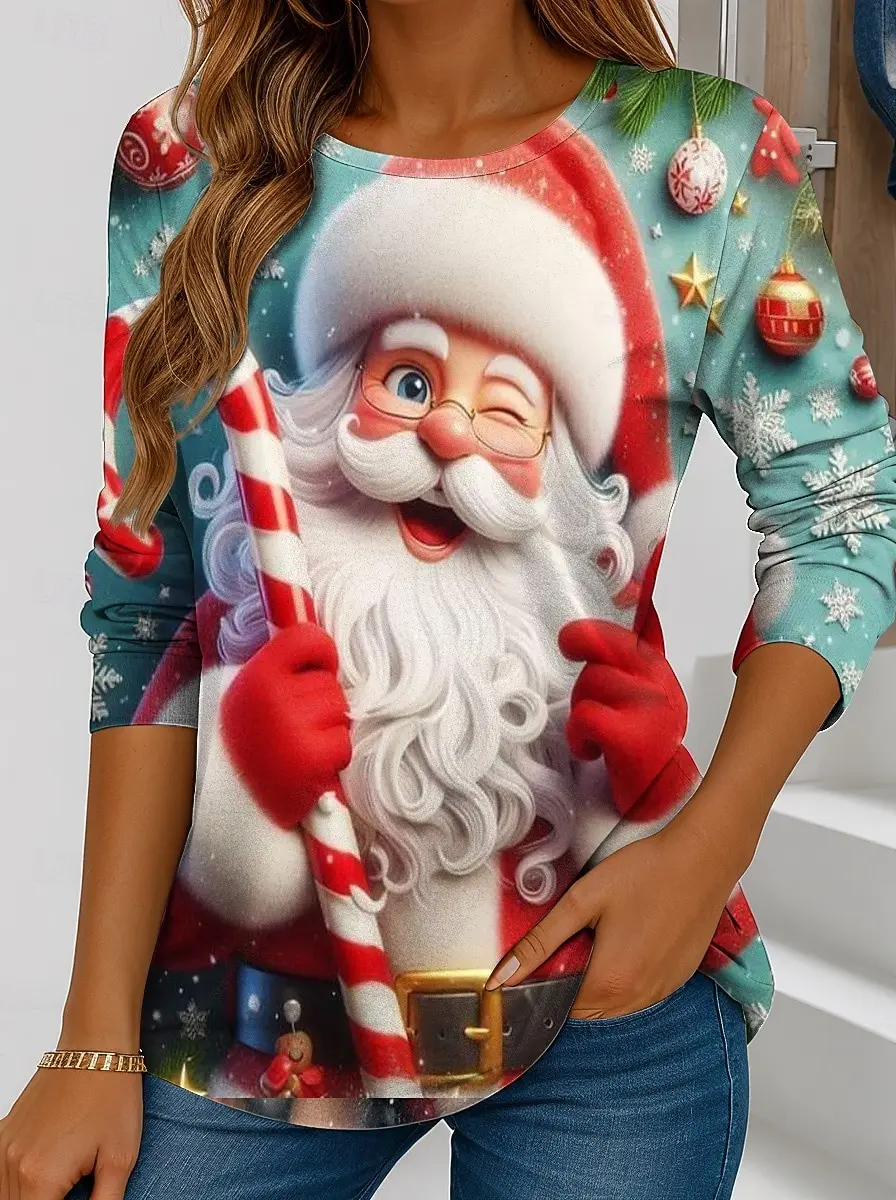 Women's Santa Claus Printed Christmas Theme Crew Neck Long Sleeve T-shirt Casual Comfortable Polyester Christmas Party Pullover