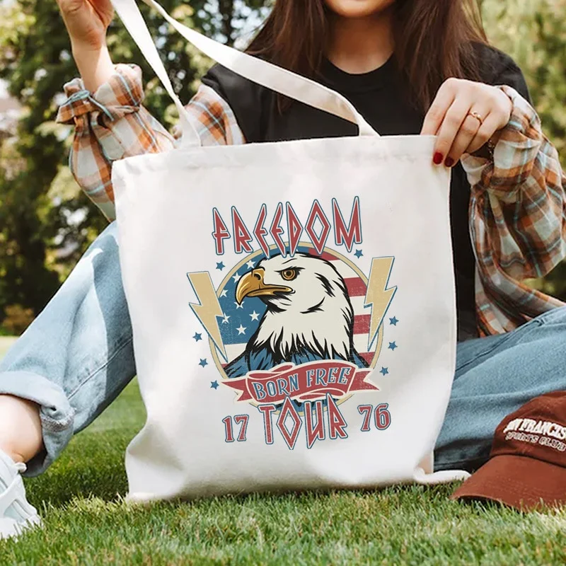 

Canvas Tote Bag with Cartoon Character American Eagle Friendship Theme Cute Sheep Art Designs Reusable Shoulder Bag for Daily