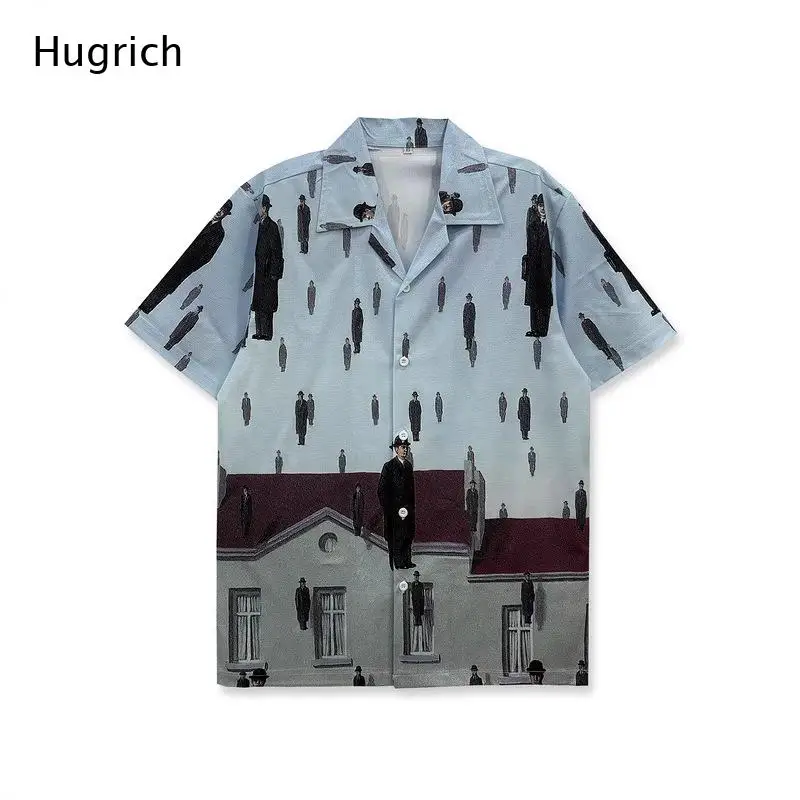 Men Vintage Graffiti Print Short Sleeve Shirt Lapel Collar Button Down Streetwear Top