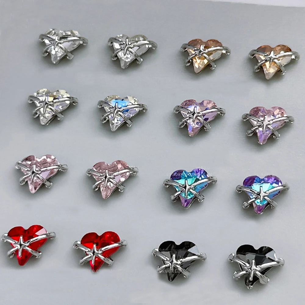 

10pcs Luxury Heart Crystal Nail Art Charm 3D Demon Heart Love X Chain Nail Decoration Rhinestones DIY Shiny Nail Accessories