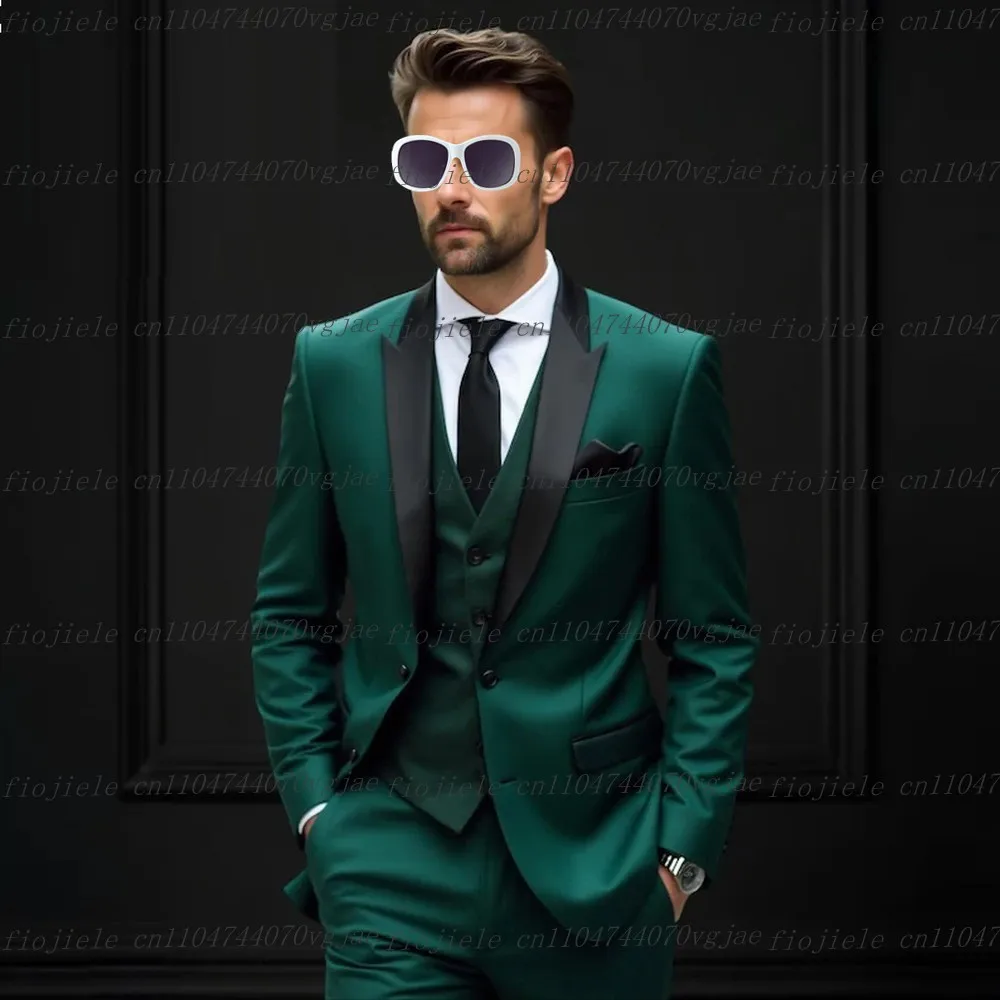 

Новый зеленый мужской костюм с черным воротником, официальная свадебная вечеринка, жених, жених, мужские смокинги, комплект из трех предметов, куртка, жилет, брюки
