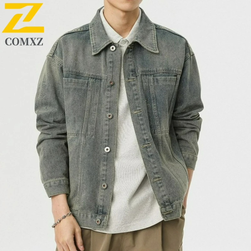 

COMXZ Classic Trendy Denim Jacket New Turndown Collar American Retro Wash Men Jacket Y2k Style Casual Versatile Autumn Garment