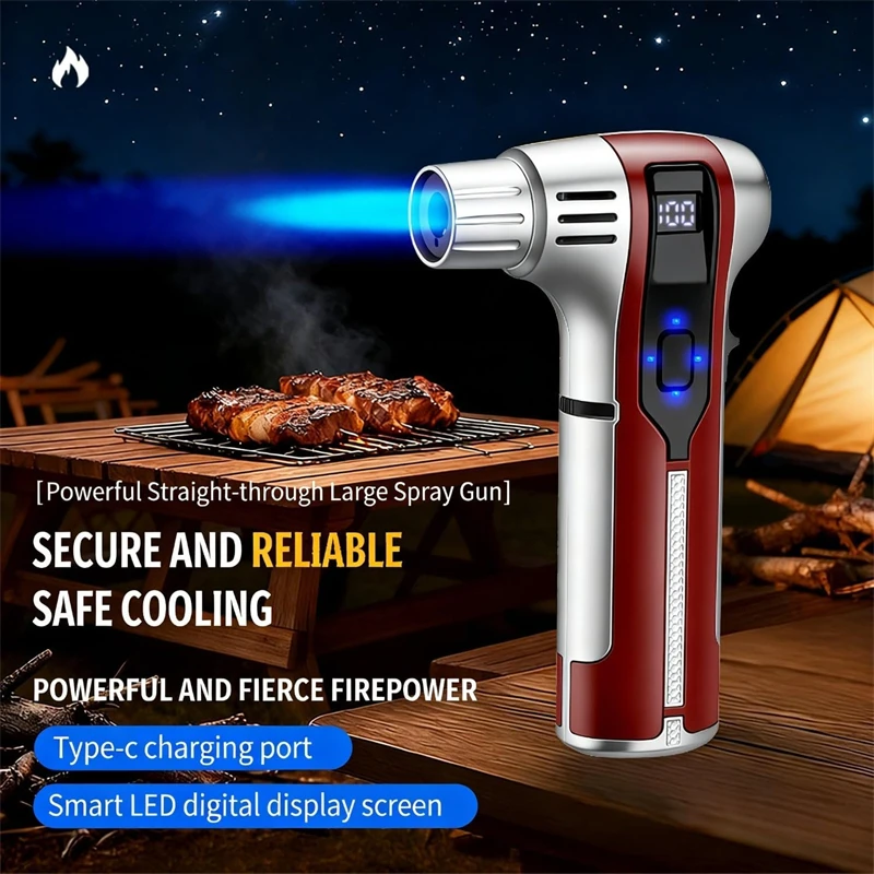 Metal Windproof Jet Flame Lighter Battery Level Display 360° Ignition with Safety Lock for Cigar Barbecue Kitchen Gifts for Men