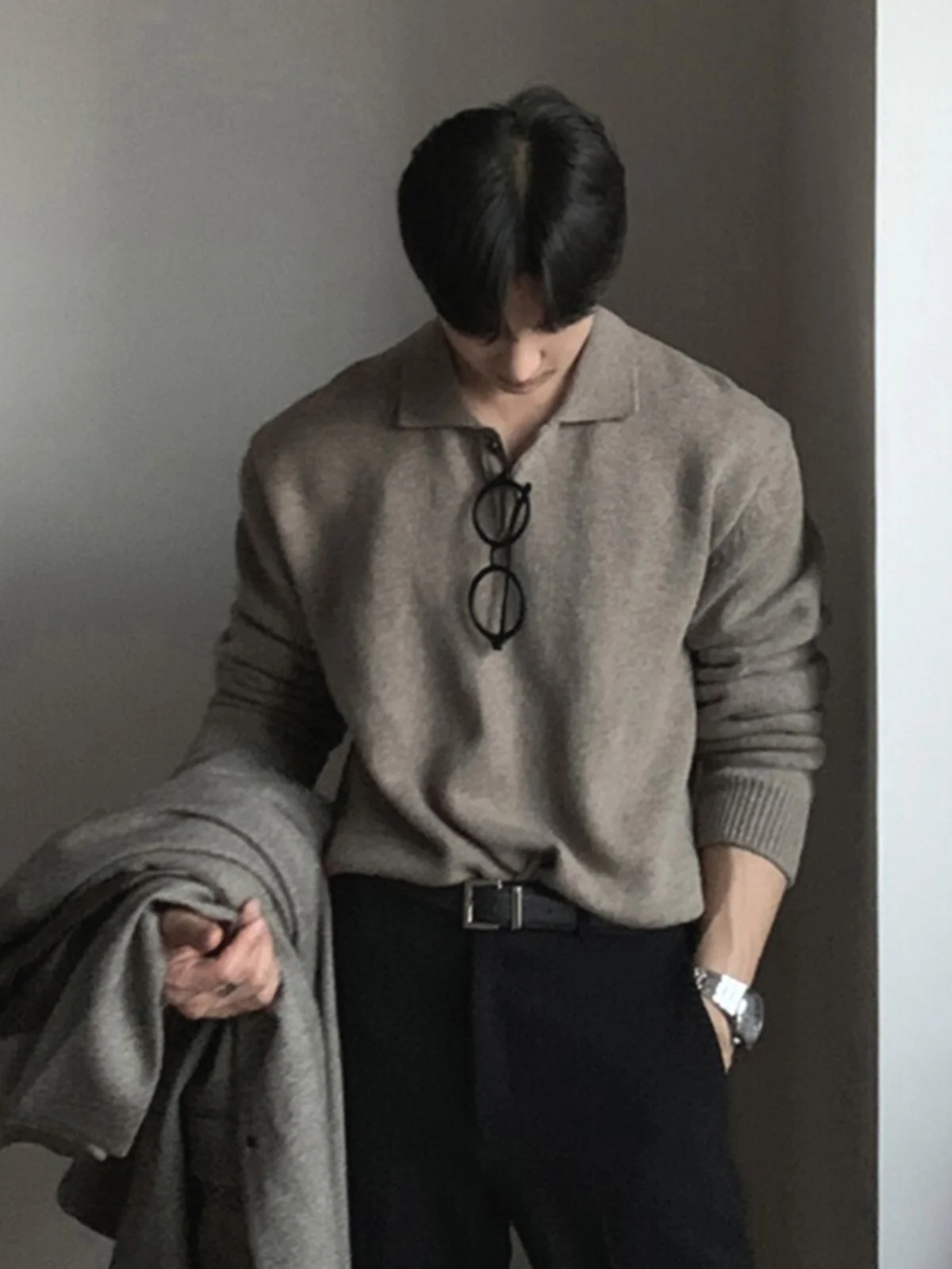 Korean Sle Knitted  irt Men's High-End Slim Fit Long Sve Sweatirt American Sle Base Layer Wool Paul irt