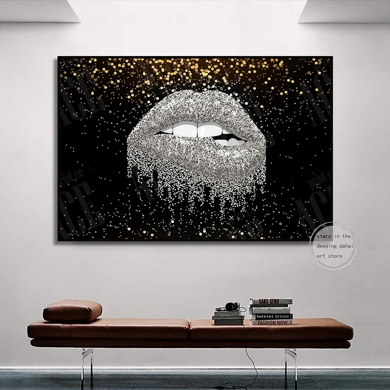 Vintage Sexy Glam Bling Style Woman Kiss Lipstick Art Poster Canvas Painting Wall Prints Picture Living Room Home Decor Cuadros