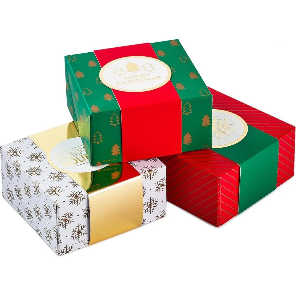 

4 Small Gift Box Set with Wrap Bands (3 Boxes: Red and Green Merry Christmas, Gold Happy Holidays, Stripes, Snowflakes,