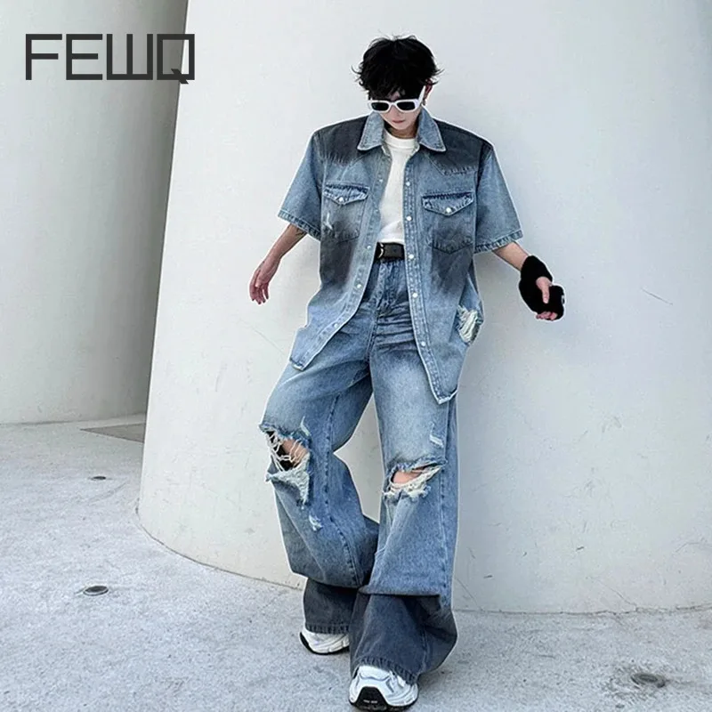 

FEWQ Men's Set New Trendy Denim Painted Hole Design Male Two-piece Suit Short Sleeve Jacket Straight Jeans 2024 Summer 28W3296