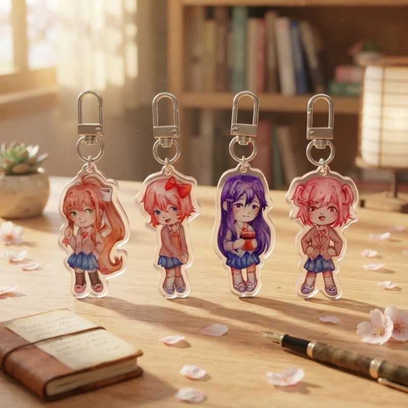 Брелок из акрила 5 см с персонажами Monika, Sayori, Yuri, Natsuki, с акварельным рисунком и металлическим карабином, Doki Doki Literature Club, коллекционный подарок для сумки