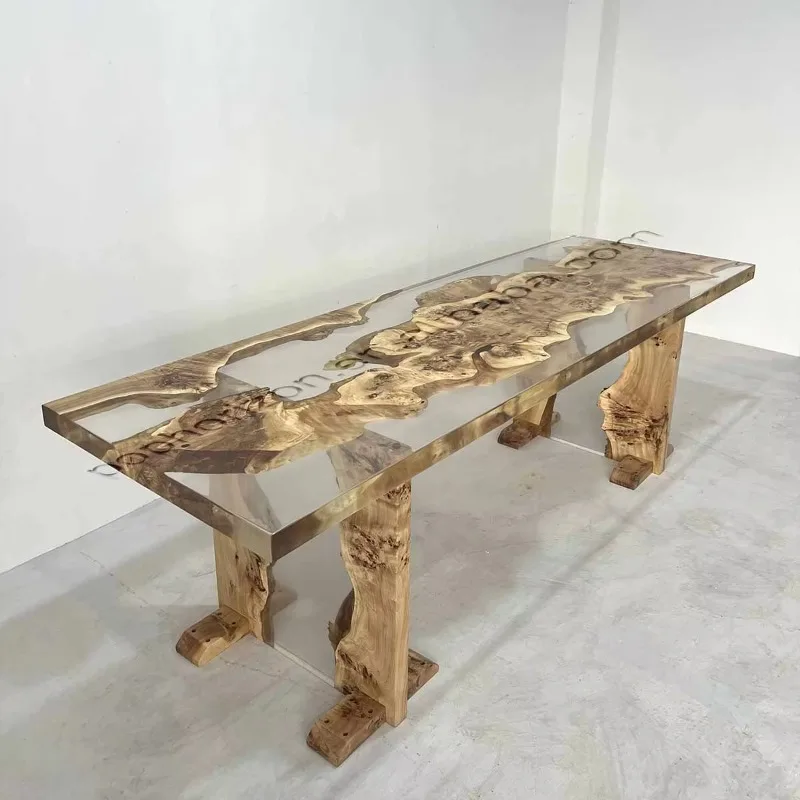 

Pophorizon Custom Furniture Factory Modern Live Edge White Poplar Dinner Table Resin Wood Big Table Wholesale