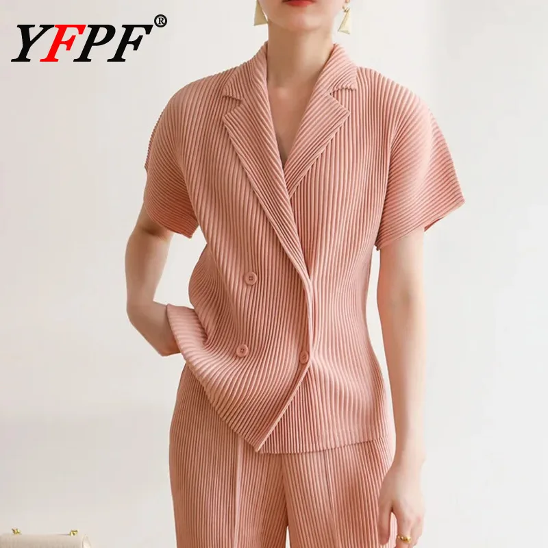 

YFPF Miyake Pleated Double Button Shirt Women Fashion Notched Collar Short Sleeve Solid Color Tops Blouse Casual 2025 New