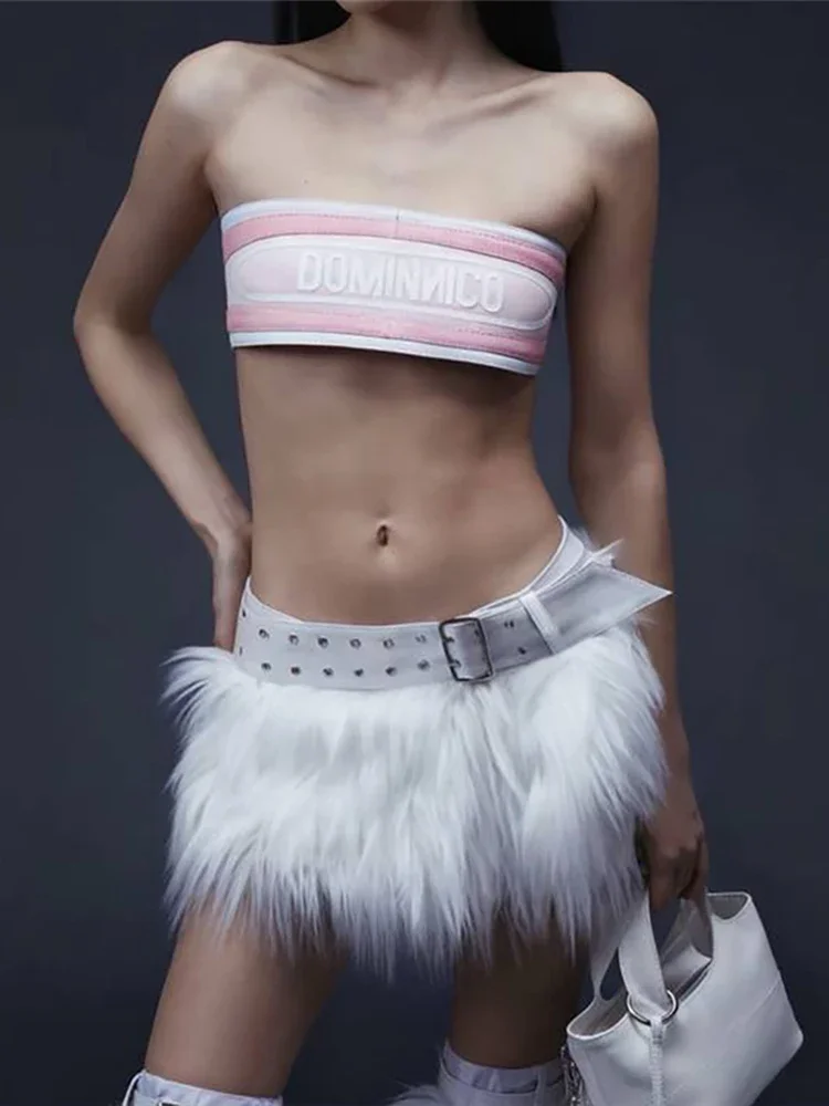 Winter Furry Tassel Skirt Women Sexy Hottie Trend Metal Buckle Belt Wild Hottie Street Skinny Club Hipster Mini Bottom