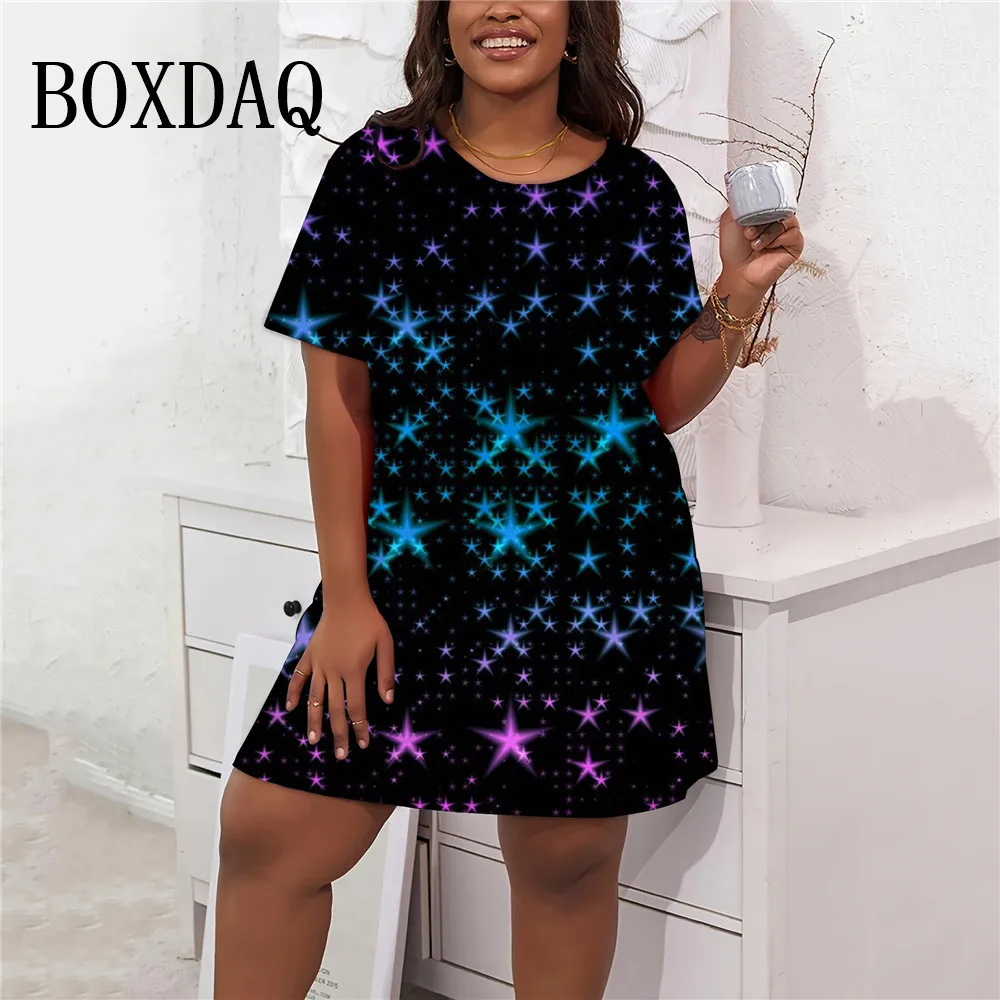 

Gradient Stars Dresses Women 2024 Summer Short Sleeve Loose Dresses Casual Ladies Fashion Plus Size Dresses Female New Clothing