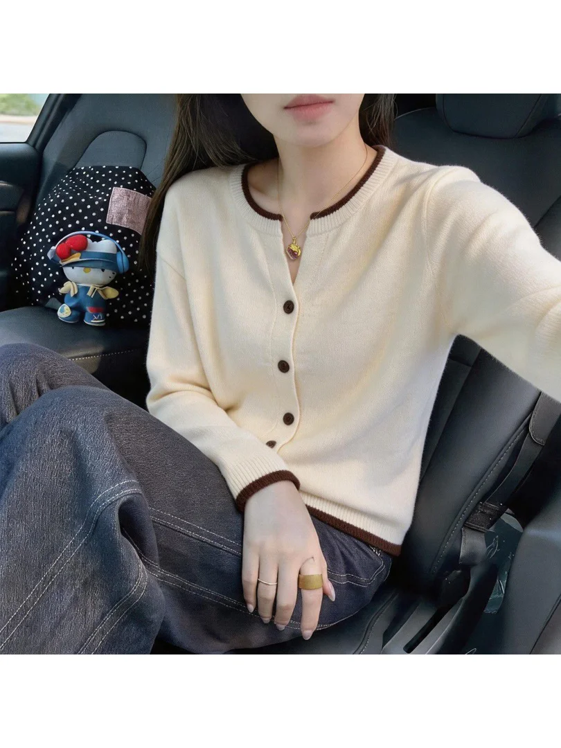 Korean Style round Neck Color Block  Knitted Open Cardigan Women's Slim Fit Thin Long Sleeve Top Autumn Winter New Arrival