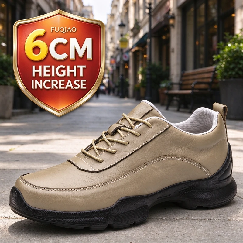 Men Women Elevator Shoes 6Cm Hidden Height Increasing Leather Sneakers Lace Up Casual Sports Comfortable Thick Sole Taller Shoes